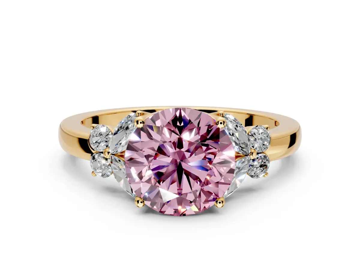 Solitaire Engagement Ring Setting for Fancy Pink Round Cut Center with Marquise Flower Shoulders and Prong Head in Yellow Gold