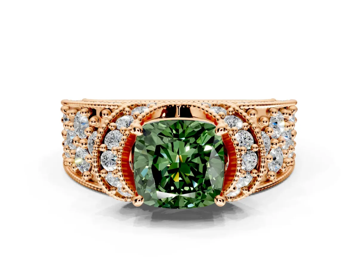 Pave Engagement Ring Setting for Fancy Green Cushion Cut Center with Curved Accent Rows, Openwork and Prong Head in Rose Gold