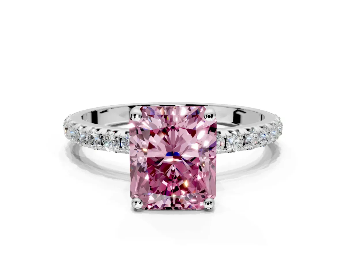 Solitaire Engagement Ring Setting for Fancy Pink Radiant Cut Center with Micro Pave Band and Prong Head in Sterling Silver