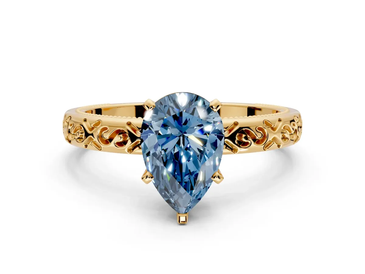 Solitaire Engagement Ring Setting for Fancy Blue Pear-Shaped Center with Scrollwork Band and Prong Head in Yellow Gold