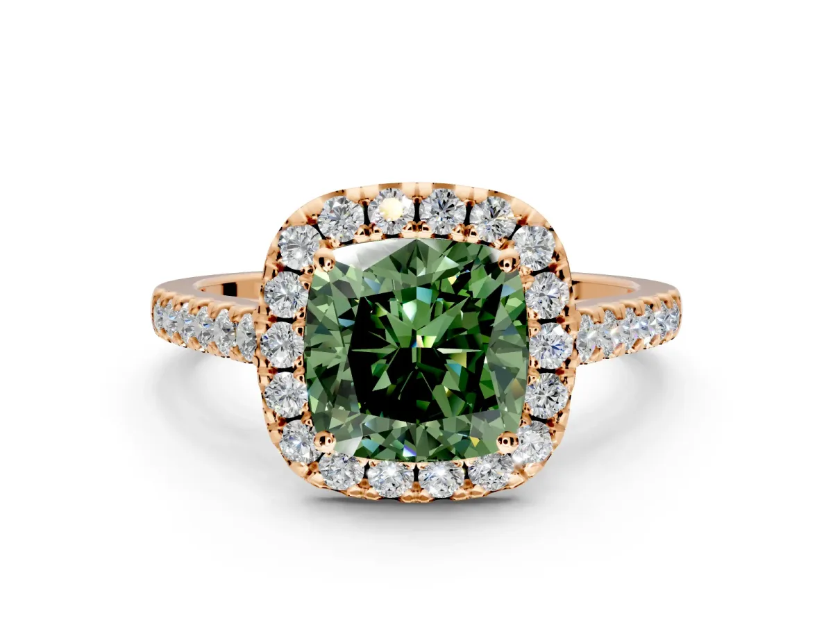 Halo Engagement Ring Setting for Fancy Green Cushion Cut Center with Narrowing Pave Band and Prong Head in Rose Gold