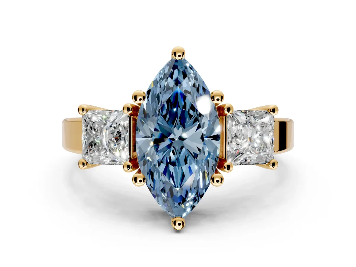 3 Stone Engagement Ring Setting for Fancy Blue Marquise Center with Matching Side Accents and Prong Head in Yellow Gold