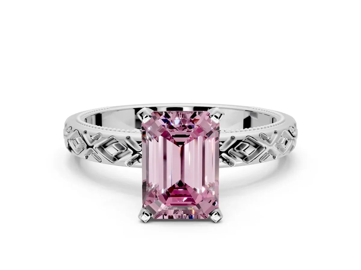 Solitaire Engagement Ring Setting for Fancy Pink Emerald Cut Center with Milgrain X Pattern Band and Prong Head in Platinum