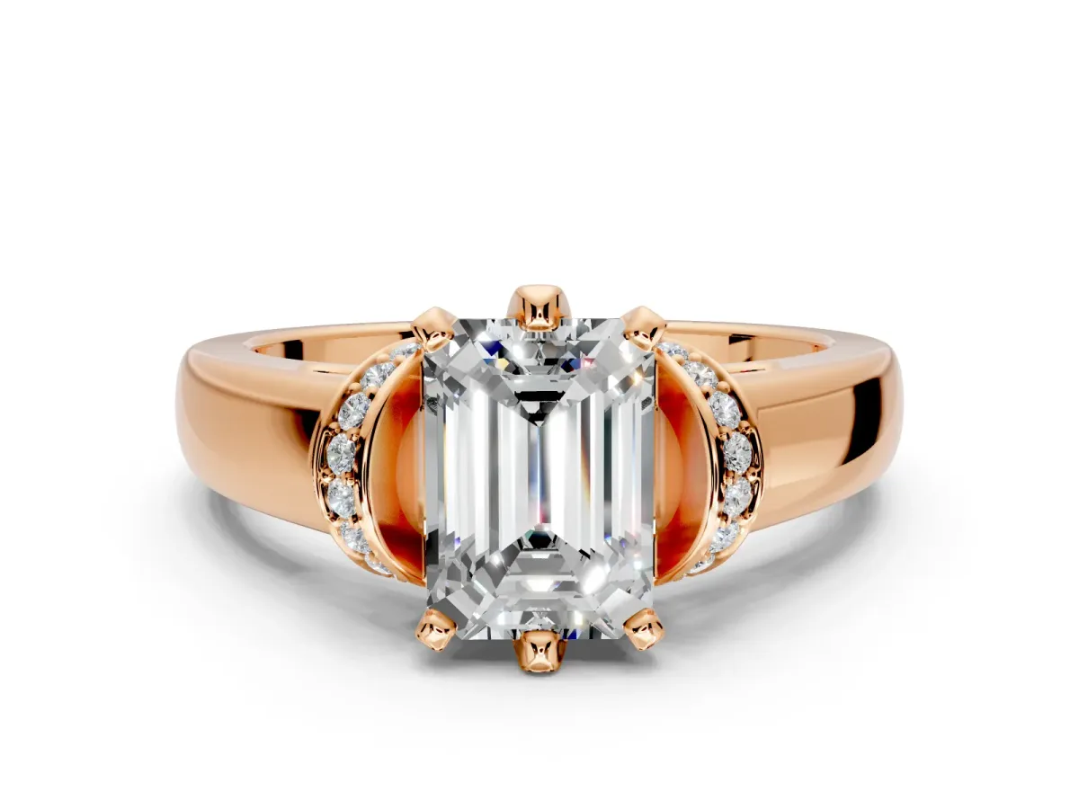 Solitaire Engagement Ring Setting for Emerald Cut Center with Wide Band, Pave Collar and Prong Head in Rose Gold