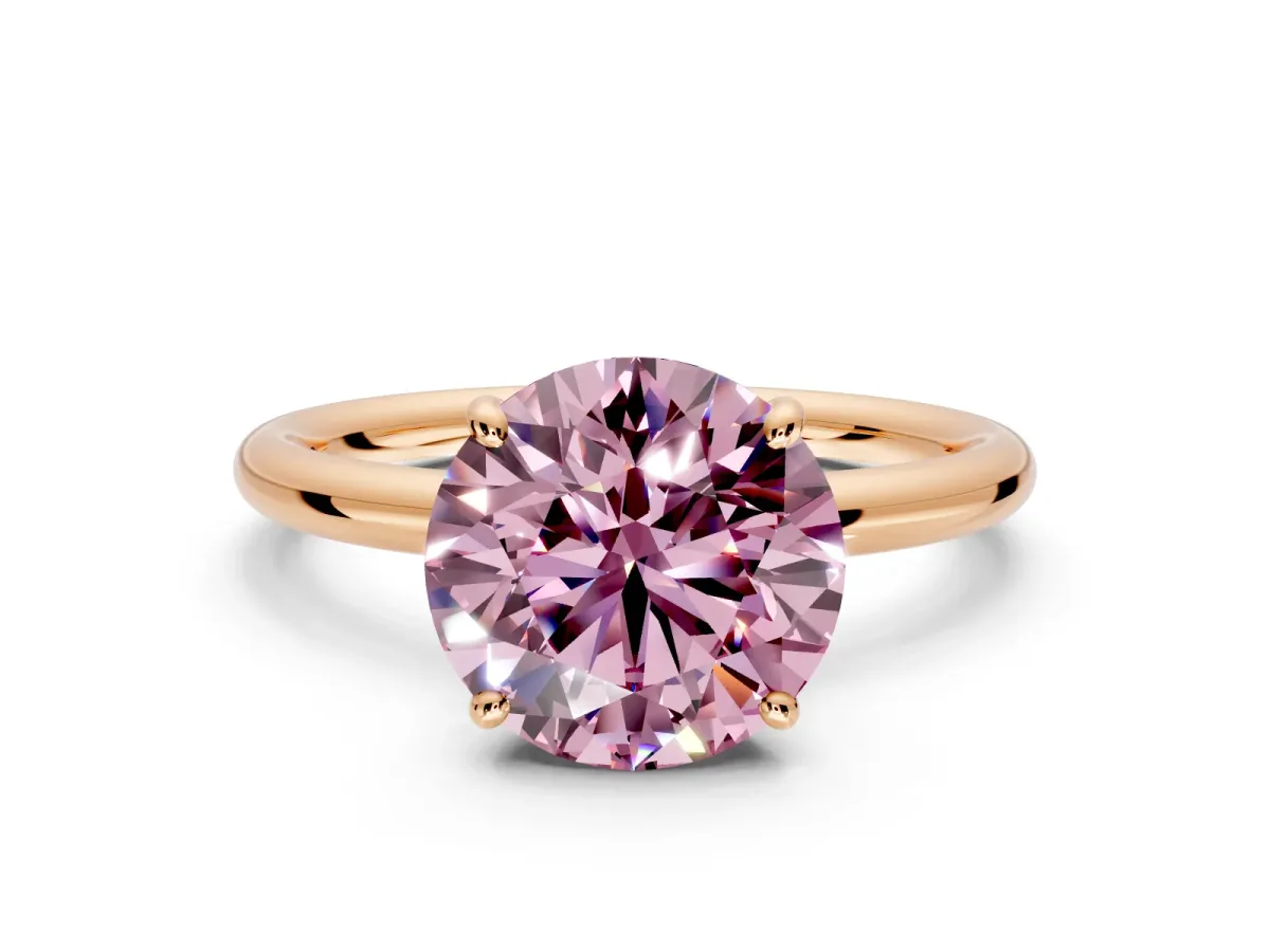 Low-Set Solitaire Engagement Ring Setting for Fancy Pink Round Cut Center with Thin Plain Band and Prong Head in Rose Gold
