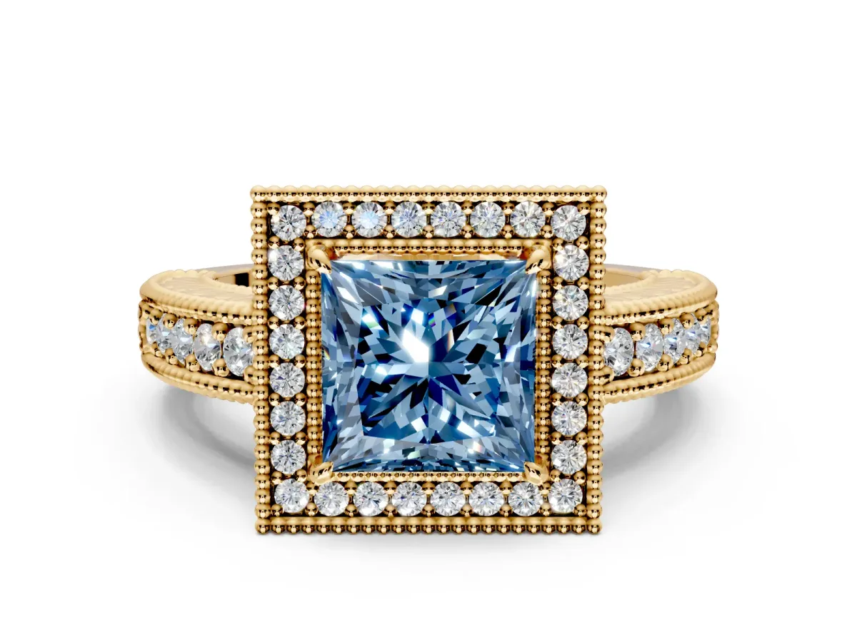 Milgrain Halo Engagement Ring Setting for Fancy Blue Princess Cut Center with Pave Band and Prong Head in Yellow Gold