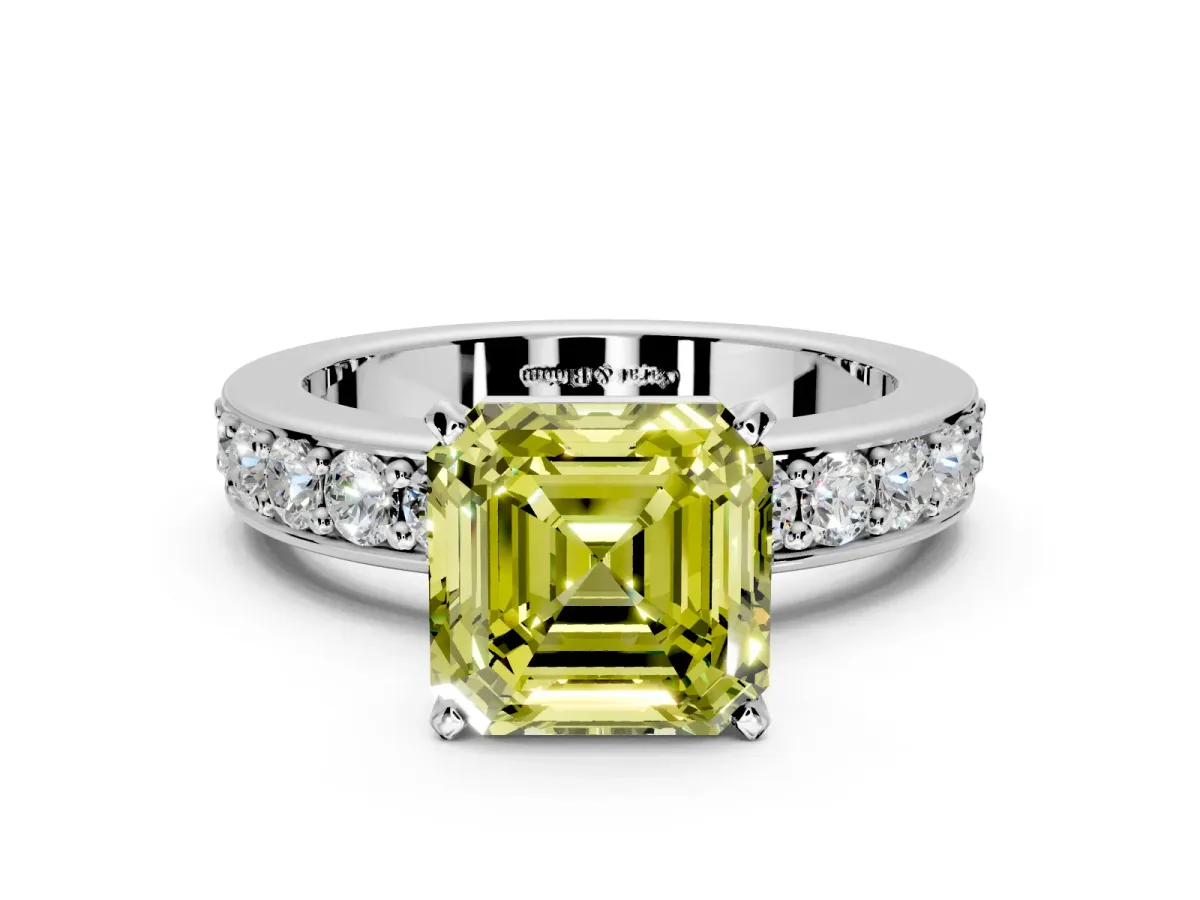 Solitaire Engagement Ring Setting for Fancy Yellow Asscher Cut Center with Channel-Set Accents and Prong Head in White Gold