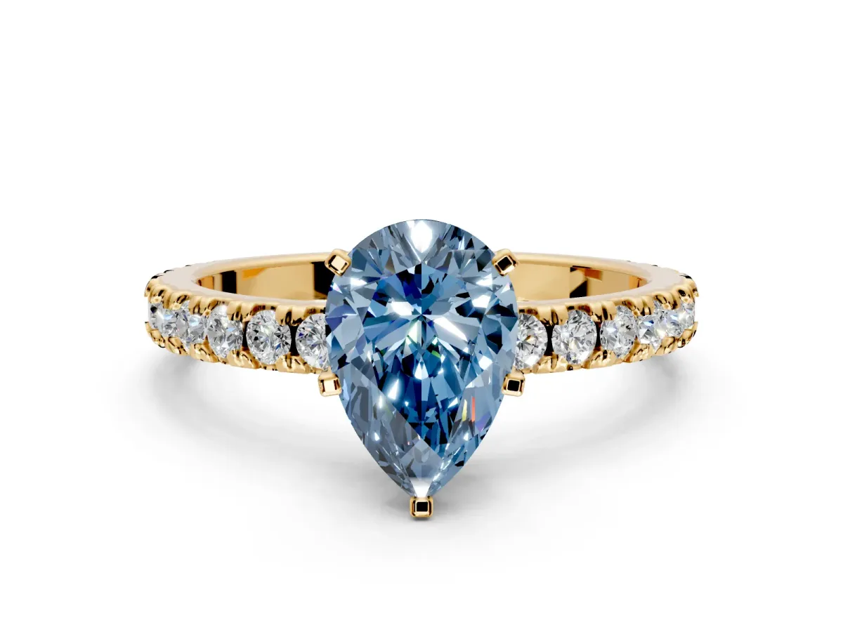 Solitaire Engagement Ring Setting for Fancy Blue Pear-Shaped Center with Fine Pave Band and Claw Prong Head in Yellow Gold