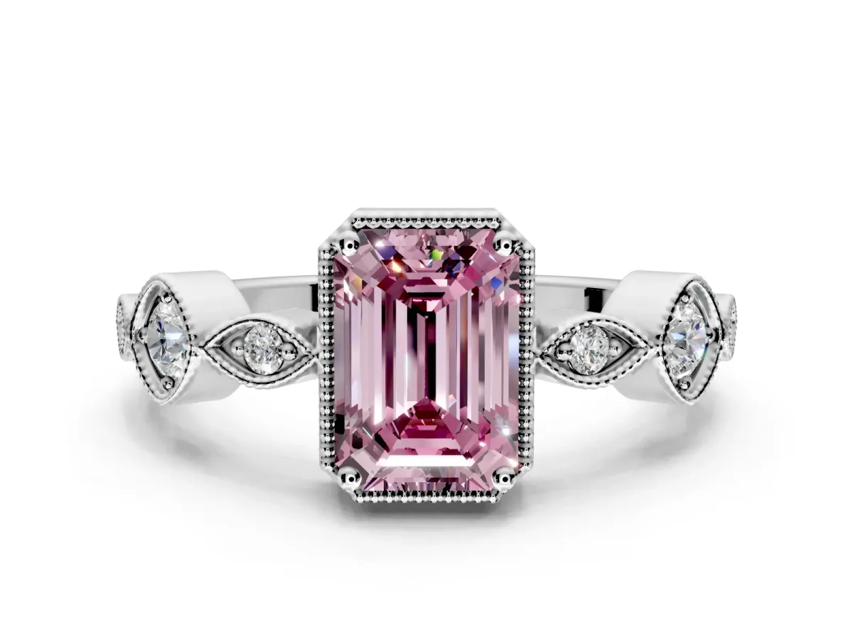 Vintage Station Engagement Ring Setting for Fancy Pink Emerald Cut Center with Accents and Prong Head in White Gold