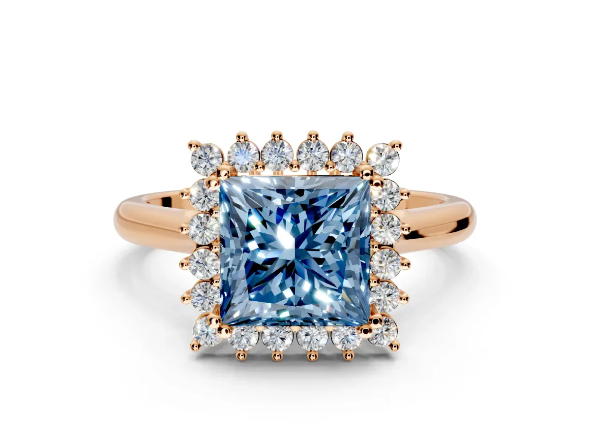 Starburst Halo Engagement Ring Setting for Fancy Blue Princess Cut Center with Thin Round-Wire Band and Prong Head in Rose Gold