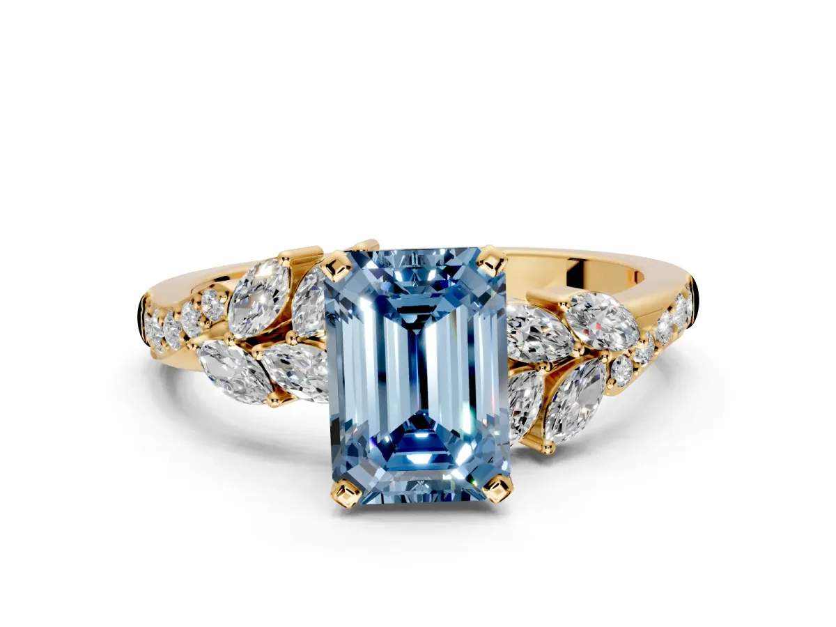 Solitaire Engagement Ring Setting for Fancy Blue Emerald Cut Center with Marquise Accent Twist Band and Prong Head in Yellow Gold