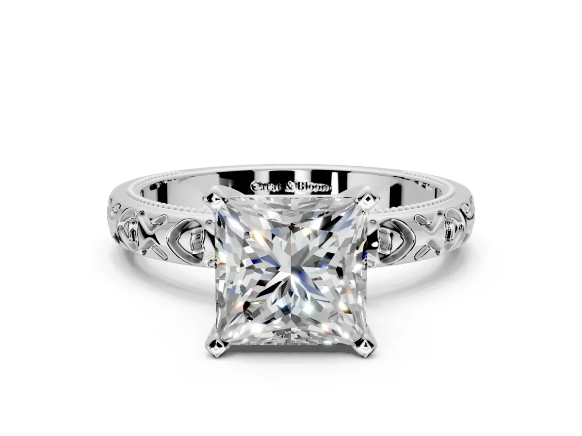 Solitaire Engagement Ring Setting for Princess Cut Center with XO Engraved Band and Prong Head in Platinum