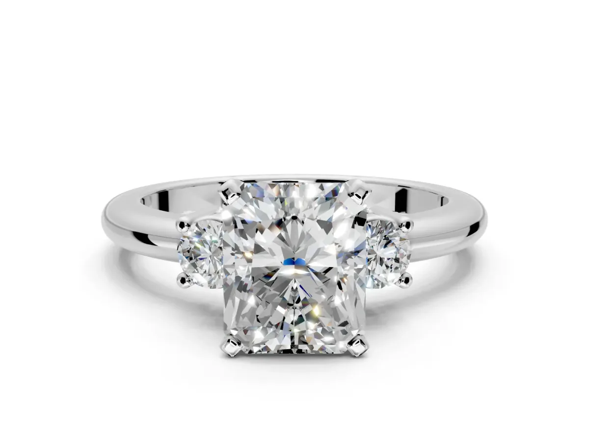 3 Stone Engagement Ring Setting for Radiant Cut Center with Wide Plain Band and Prong Head in Sterling Silver