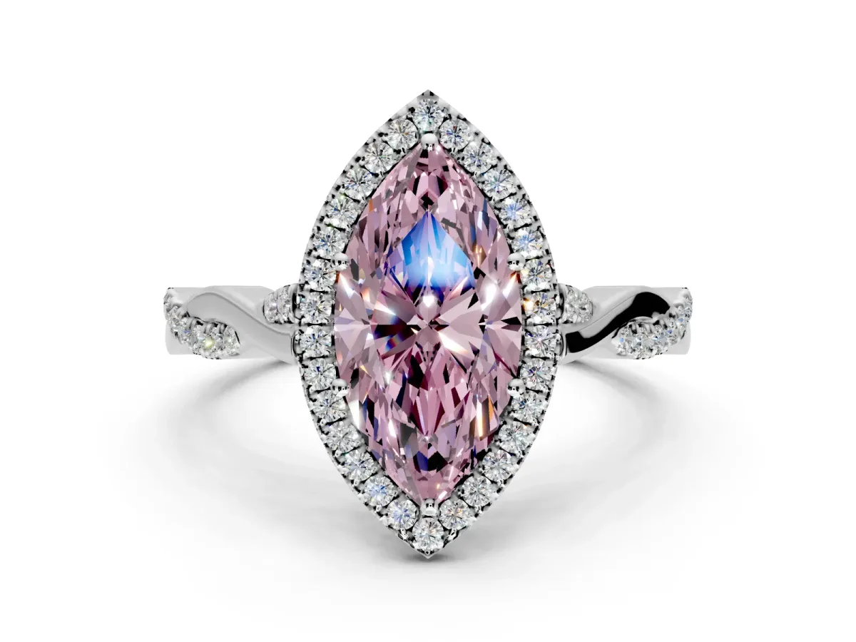 Halo Engagement Ring Setting for Fancy Pink Marquise Center with Twist Band and Prong Head in White Gold