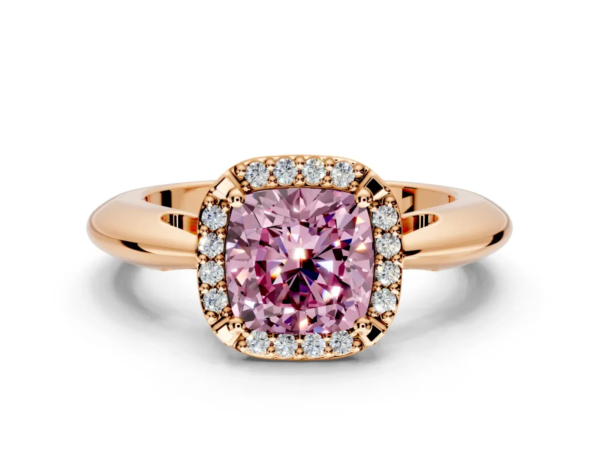 Halo Engagement Ring Setting for Fancy Pink Cushion Cut Center with Tapered Plain Band and Prong Head in Rose Gold