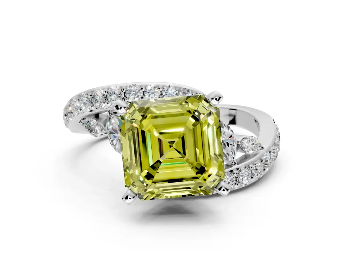 Solitaire Engagement Ring Setting for Fancy Yellow Asscher Cut Center with Pave Bypass Twist Band and Prong Head in Sterling Silver