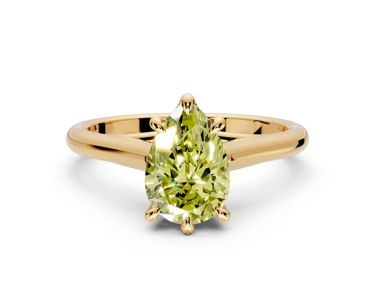Solitaire Engagement Ring Setting for Fancy Yellow Pear-Shaped Center with Cathedral Band and Prong Head in Yellow Gold