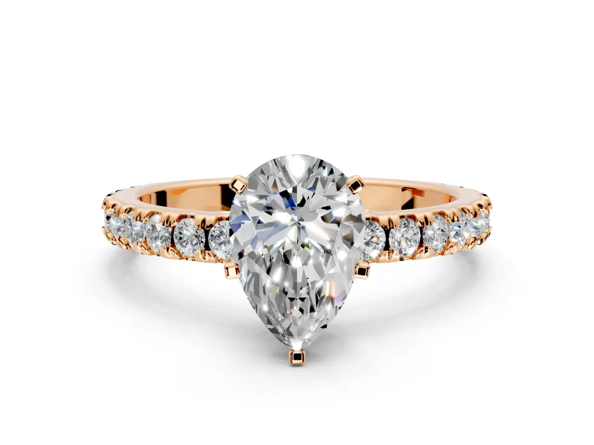 Solitaire Engagement Ring Setting for Pear-Shaped Center with Fine Pave Band and Claw Prong Head in Rose Gold