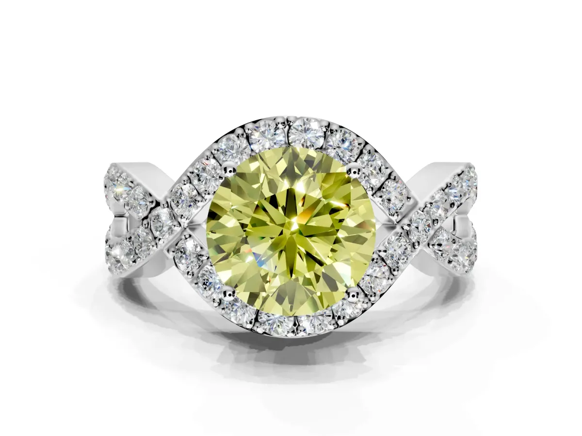 Halo Engagement Ring Setting for Fancy Yellow Round Cut Center with Pave Infinity Twist Band and Prong Head in Platinum