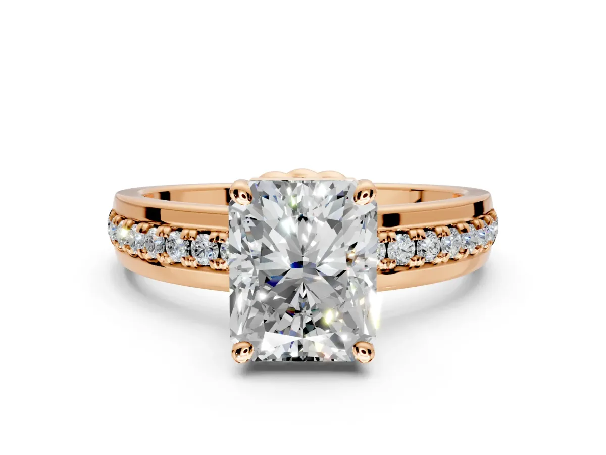 Solitaire Engagement Ring Setting for Radiant Cut Center with Raised Channel Band and Prong Head in Rose Gold