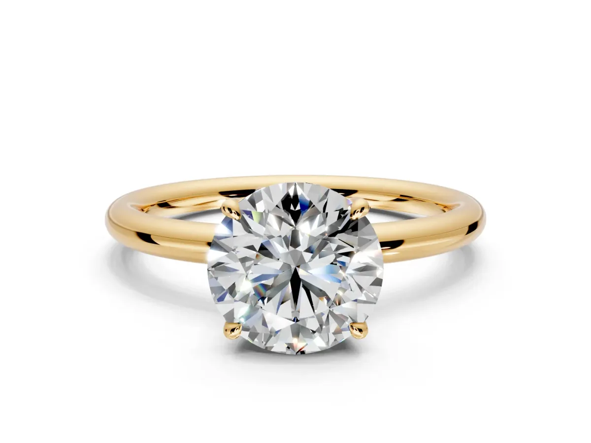 Hidden Halo Engagement Ring Setting for Round Cut Center with Thin Rounded Band and Prong Head in Yellow Gold