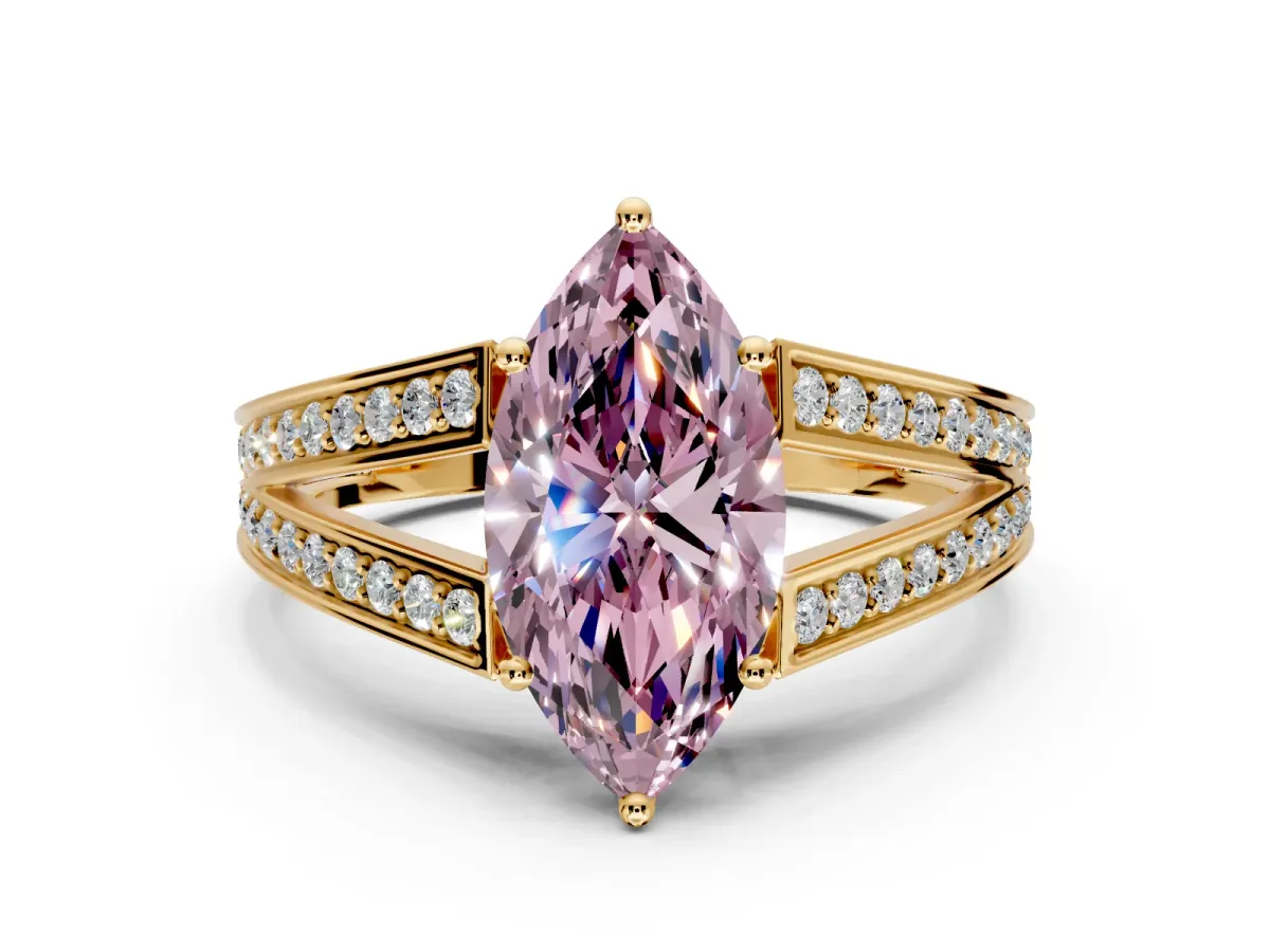Split Shank Engagement Ring Setting for Fancy Pink Marquise Center with Pave Split Shank and Prong Head in Yellow Gold