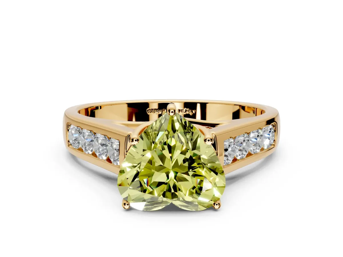 Solitaire Engagement Ring Setting for Fancy Yellow Heart-Shaped Center with Cathedral Channel Band and Prong Head in Yellow Gold