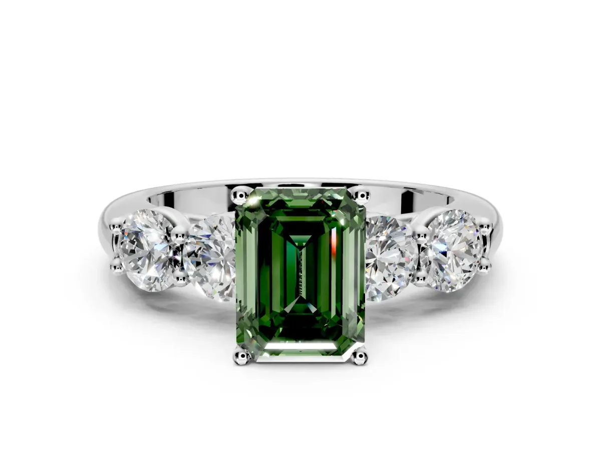 5 Stone Engagement Ring Setting for Fancy Green Emerald Cut Center with Graduated Accents and Prong Head in Sterling Silver