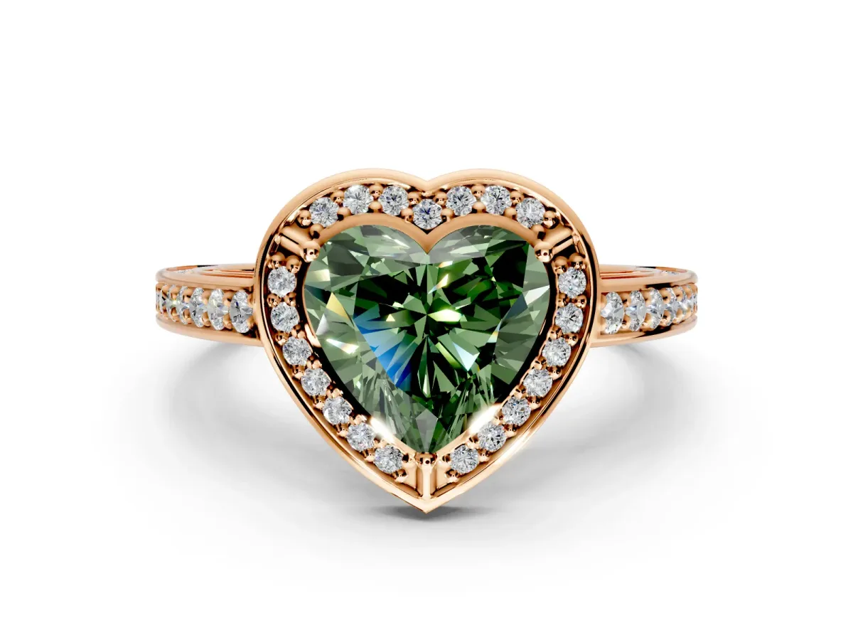 Halo Engagement Ring Setting for Fancy Green Heart-Shaped Center with Framed Halo, Pave Band and Prong Head in Rose Gold