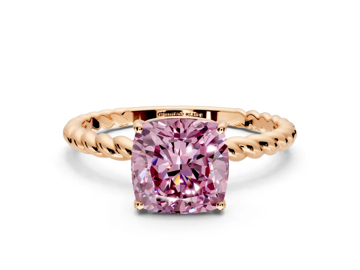 Solitaire Engagement Ring Setting for Fancy Pink Cushion Cut Center with Plain Twisted Rope Band and Prong Head in Rose Gold