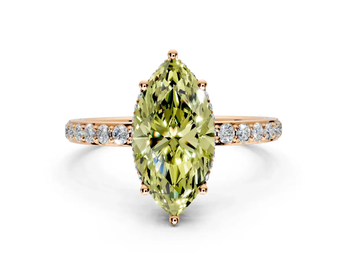 Hidden Halo Engagement Ring Setting for Fancy Yellow Marquise Center with Pave Band and Prong Head in Rose Gold