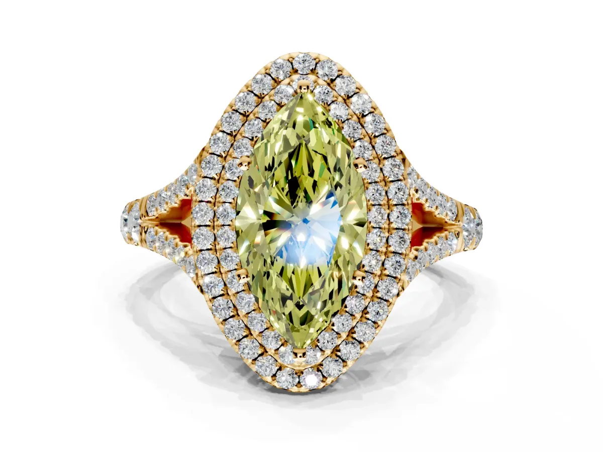 Double Halo Engagement Ring Setting for Fancy Yellow Marquise Center with Narrow Pave Split Shank and Prong Head in Yellow Gold