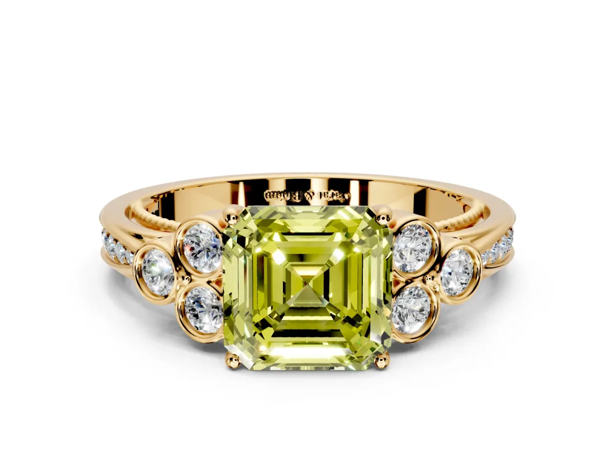 Cluster Engagement Ring Setting for Fancy Yellow Asscher Cut Center with Bezel Accent Clusters and Prong Head in Yellow Gold