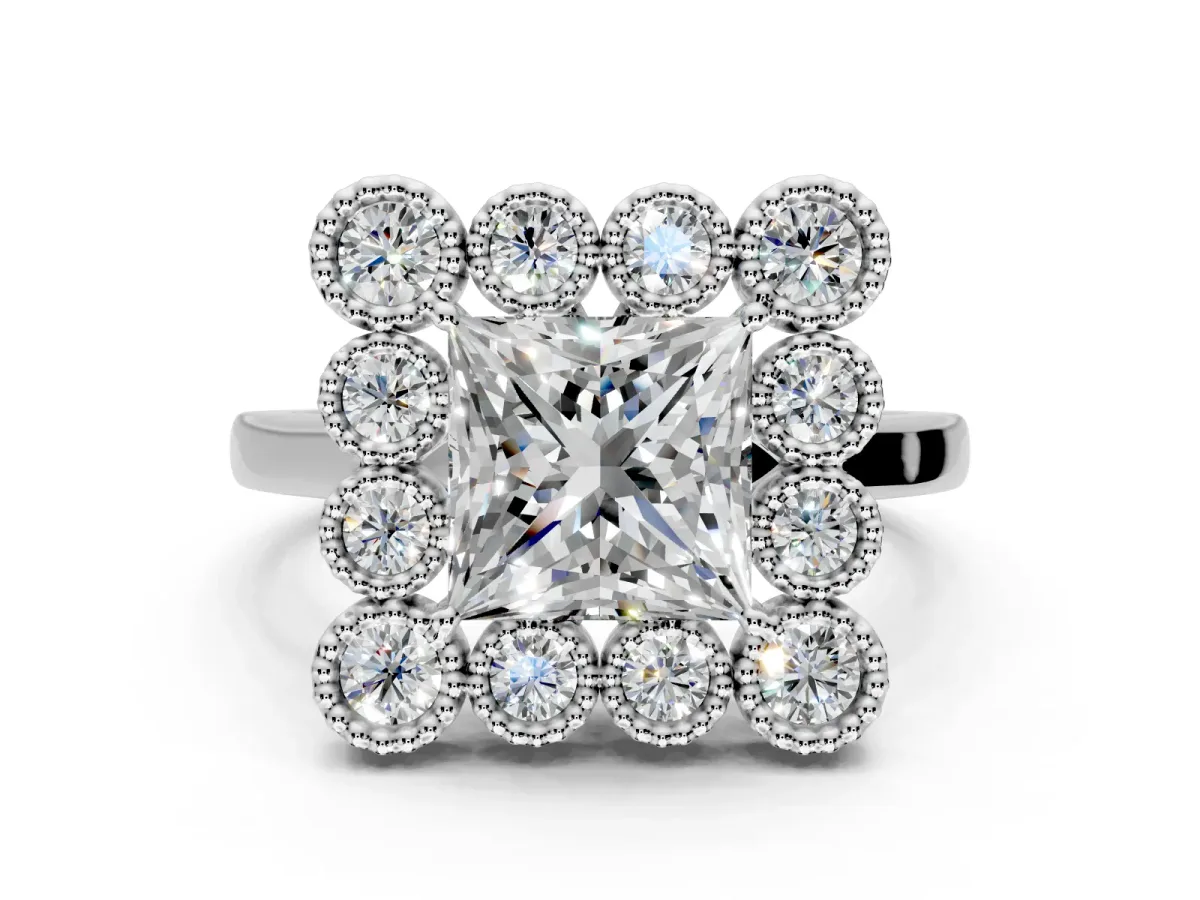 Cluster Halo Engagement Ring Setting for Princess Cut Center with Milgrain Bezel Accents and Prong Head in Sterling Silver