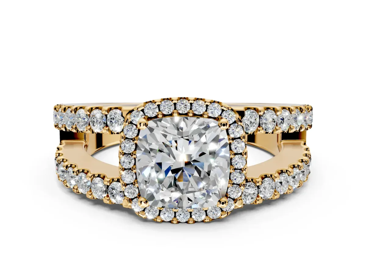 Halo Engagement Ring Setting for Cushion Cut Center with Wide-Open Pave Split Shank and Prong Head in Yellow Gold