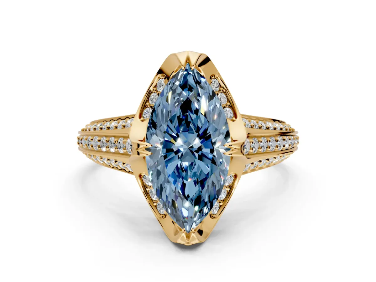 Solitaire Engagement Ring Setting for Fancy Blue Marquise Center with Accented Split Shank and Prong Head in Yellow Gold