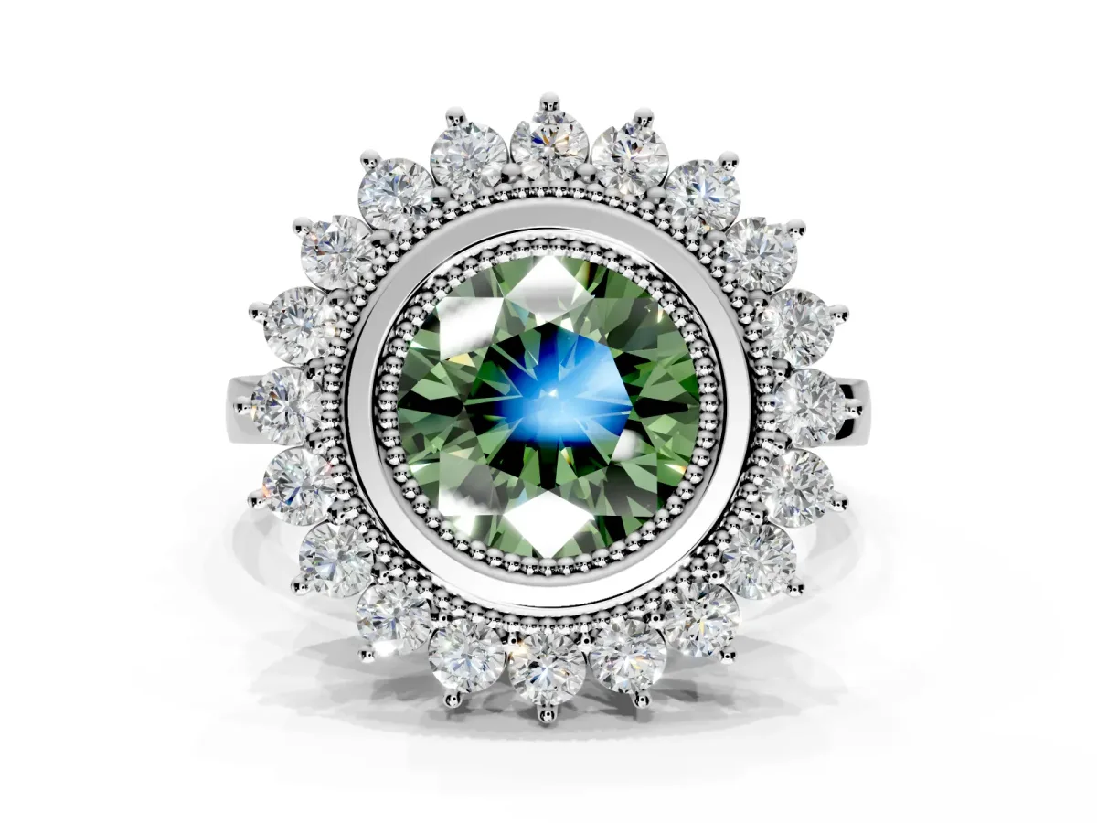 Halo Engagement Ring Setting for Fancy Green Round Cut Center with Milgrain Bezel Rim, Plain Band and Prong Head in White Gold