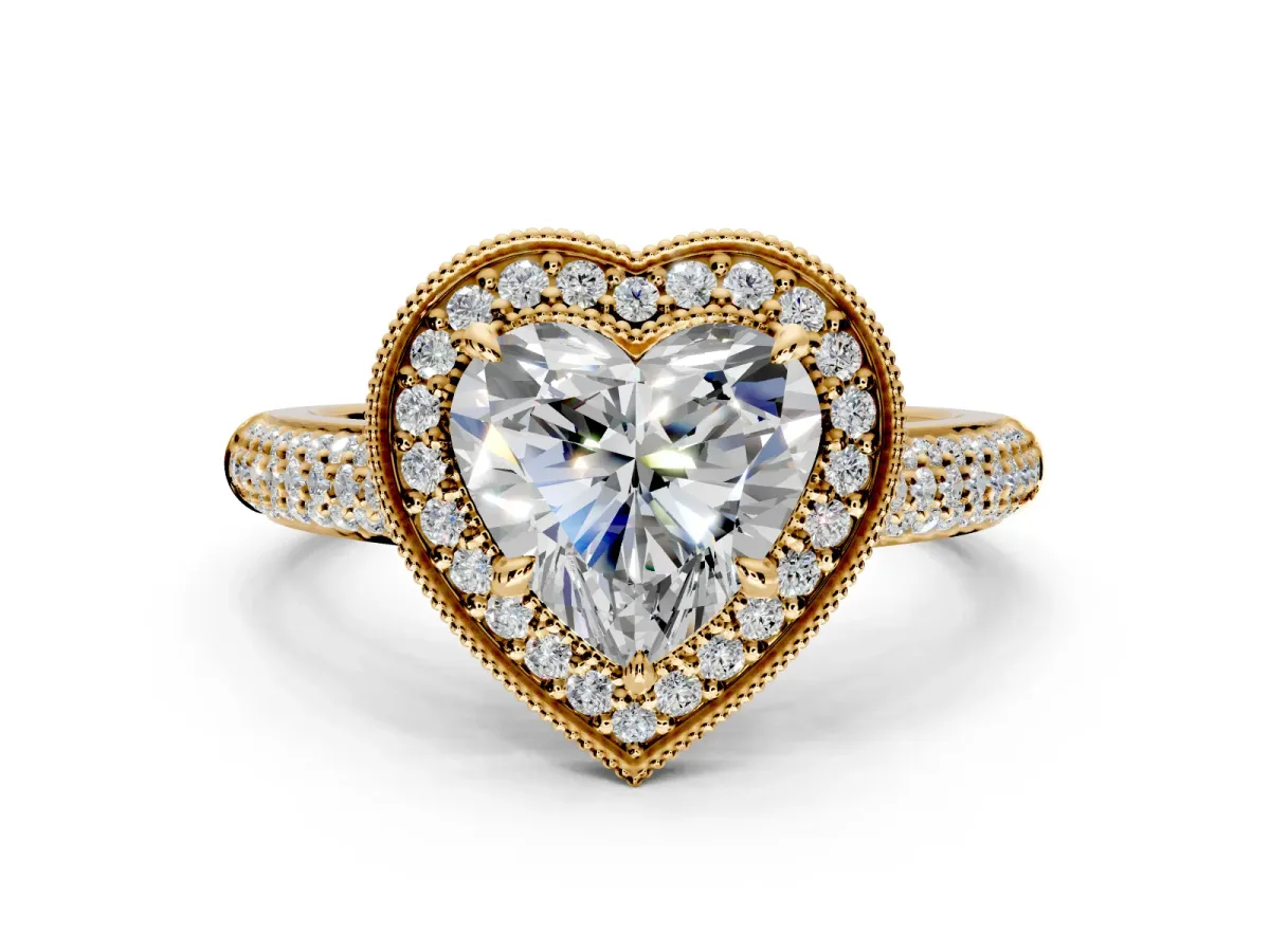Milgrain Halo Engagement Ring Setting for Heart-Shaped Center with Three-Sided Pave Band and Prong Head in Yellow Gold