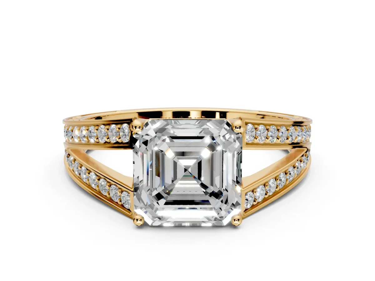 Split Shank Engagement Ring Setting for Asscher Cut Center with Pave Split Shank and Prong Head in Yellow Gold