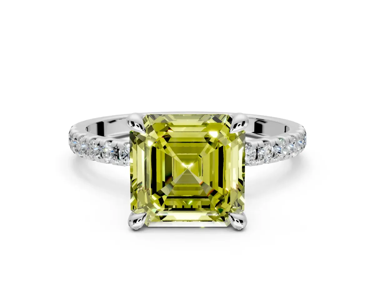 Solitaire Engagement Ring Setting for Fancy Yellow Asscher Cut Center with Fine Pave Narrow Band and Prong Head in White Gold