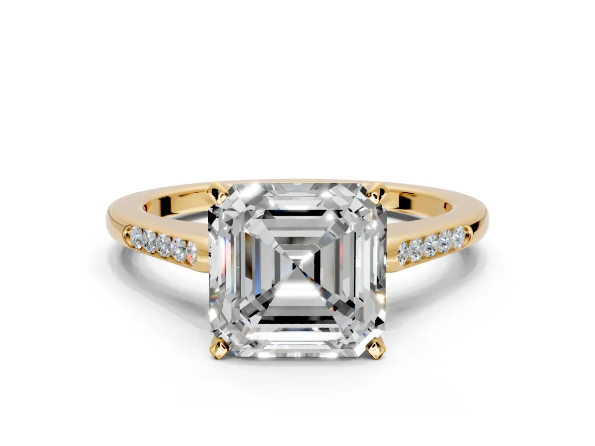 Solitaire Engagement Ring Setting for Asscher Cut Center with Channel Accents and Prong Head in Yellow Gold
