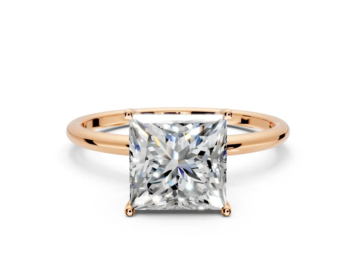 Solitaire Engagement Ring Setting for Princess Cut Center with Straight Thin Band and Prong Head in Rose Gold