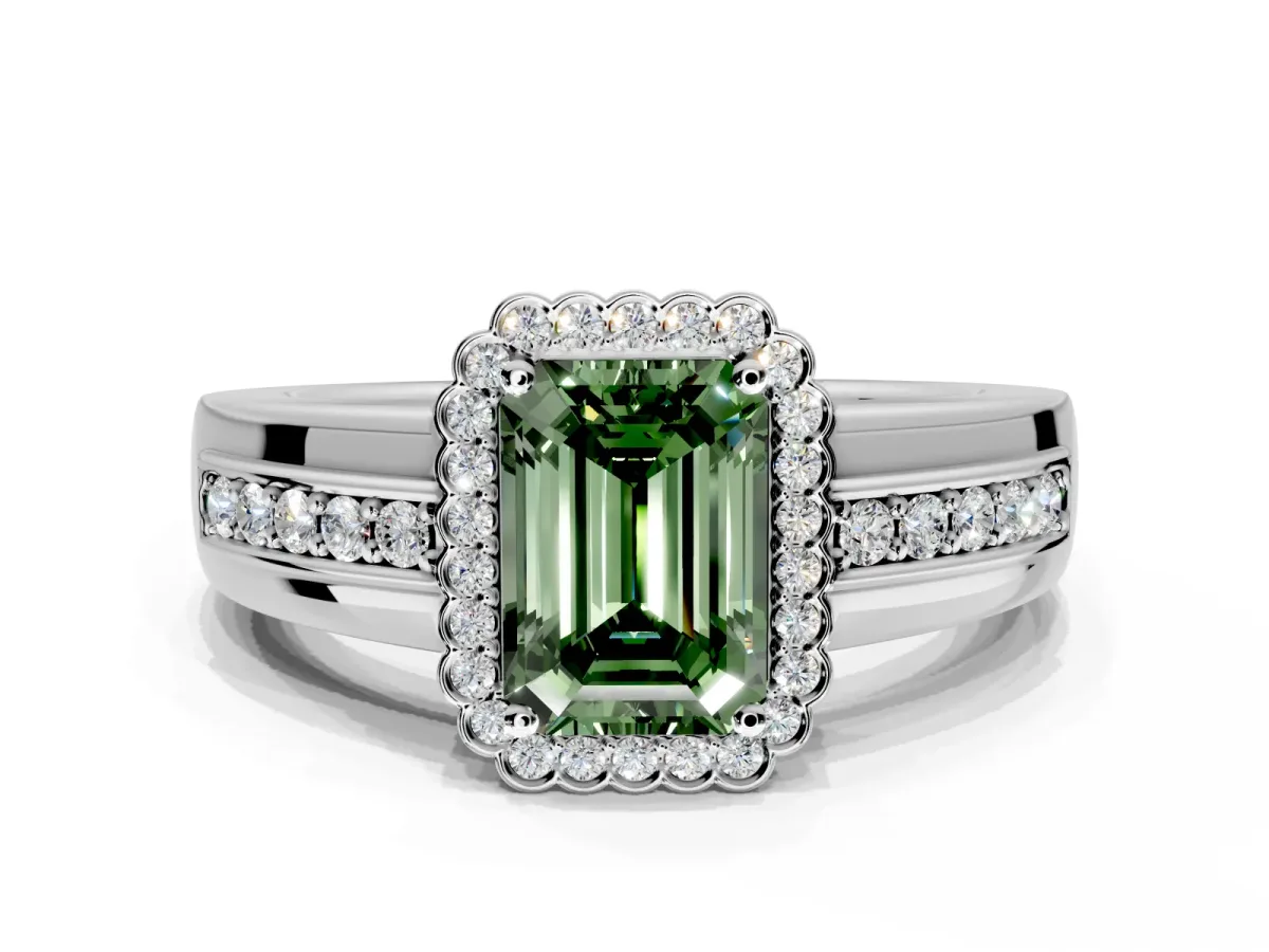 Halo Engagement Ring Setting for Fancy Green Emerald Cut Center with Wide Band, Inlaid Accent Row and Prong Head in Platinum