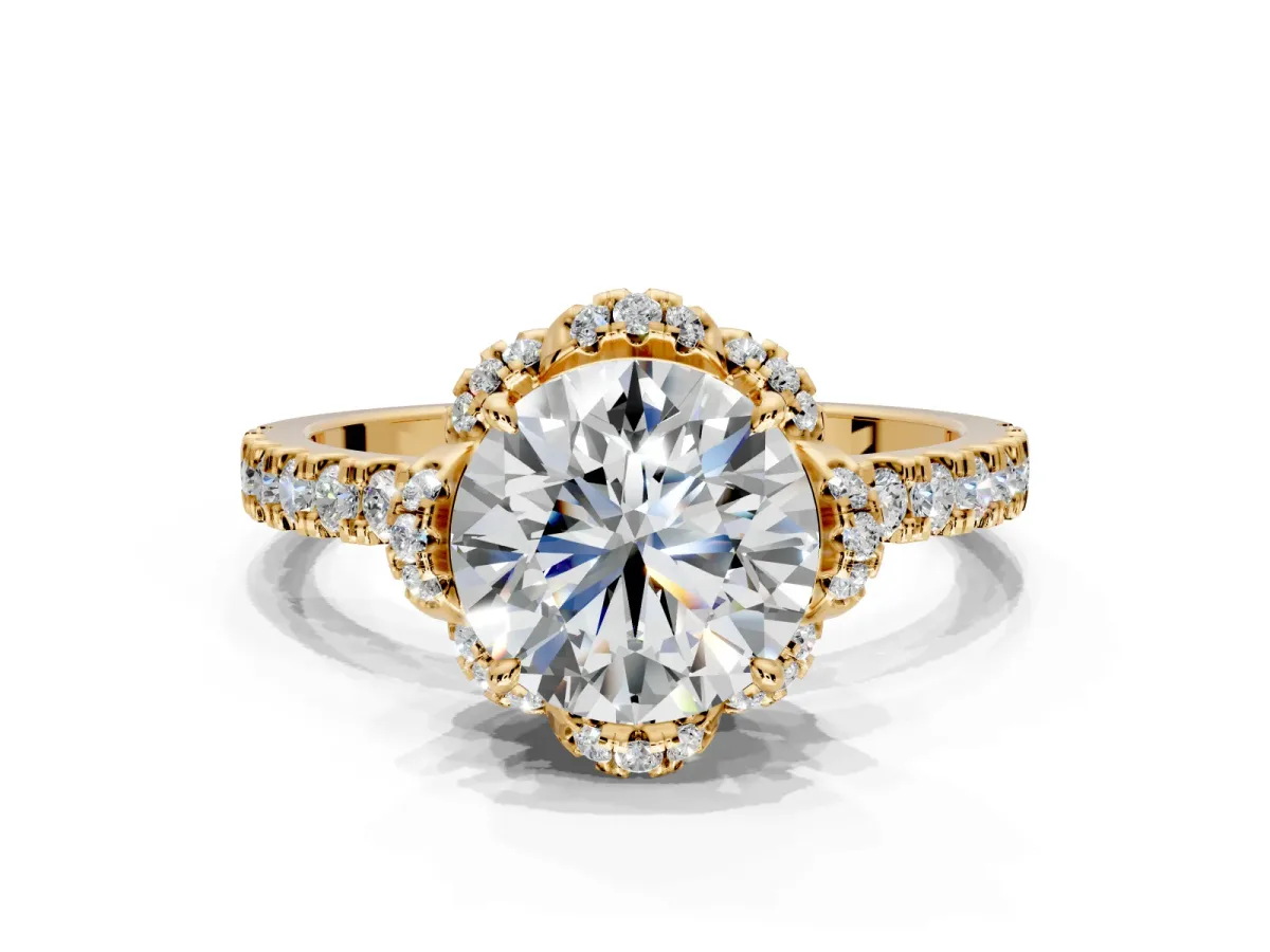 Halo Engagement Ring Setting for Round Cut Center with Openwork Halo, Pave Band and Prong Head in Yellow Gold