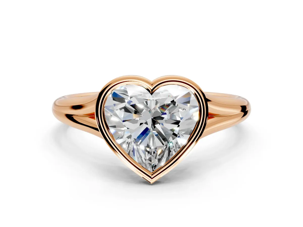 Solitaire Engagement Ring Setting for Heart-Shaped Center with V Split Shank and Bezel Head in Rose Gold