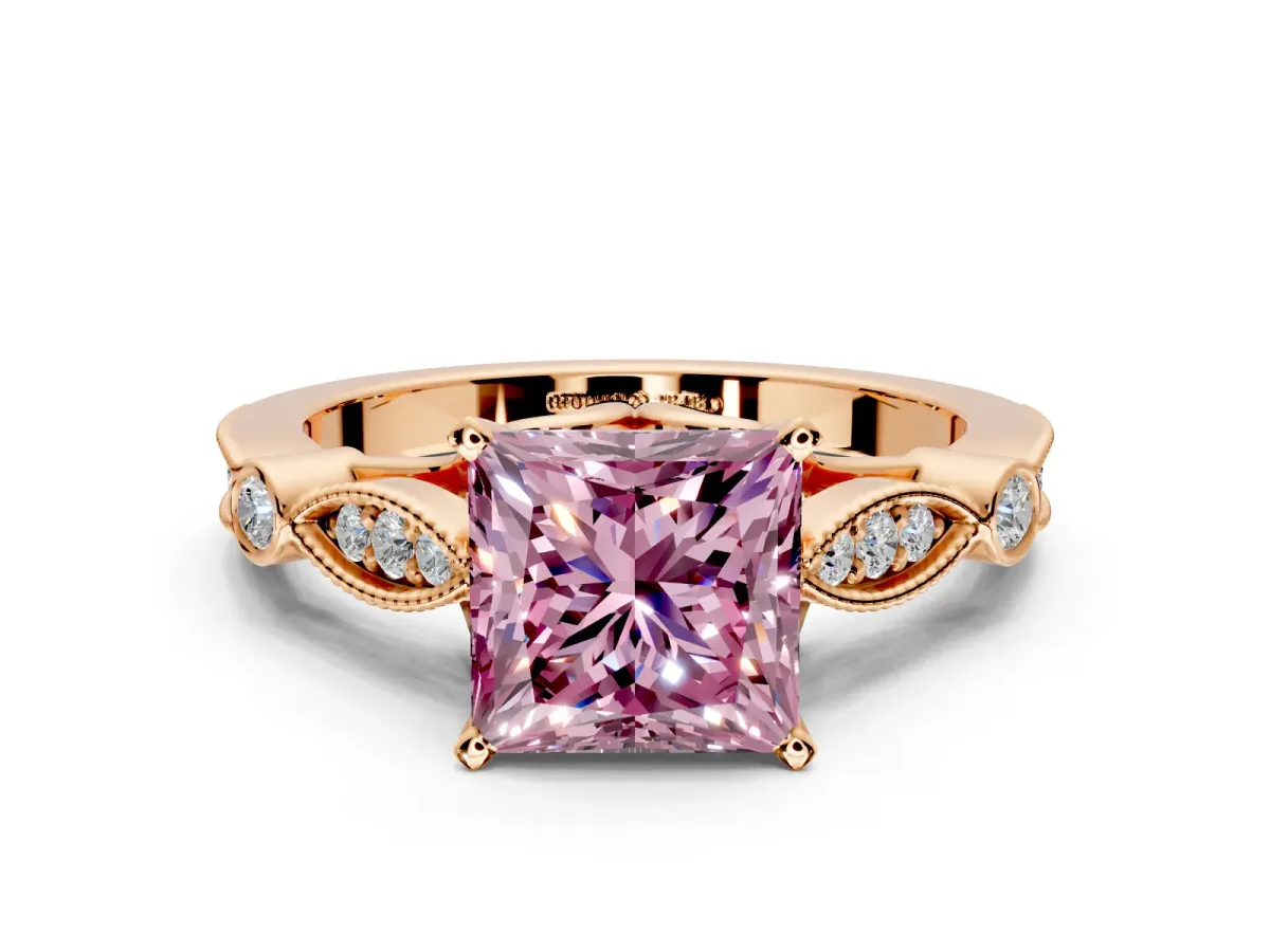 Solitaire Engagement Ring Setting for Fancy Pink Princess Cut Center with Marquise and Bezel Accents and Prong Head in Rose Gold