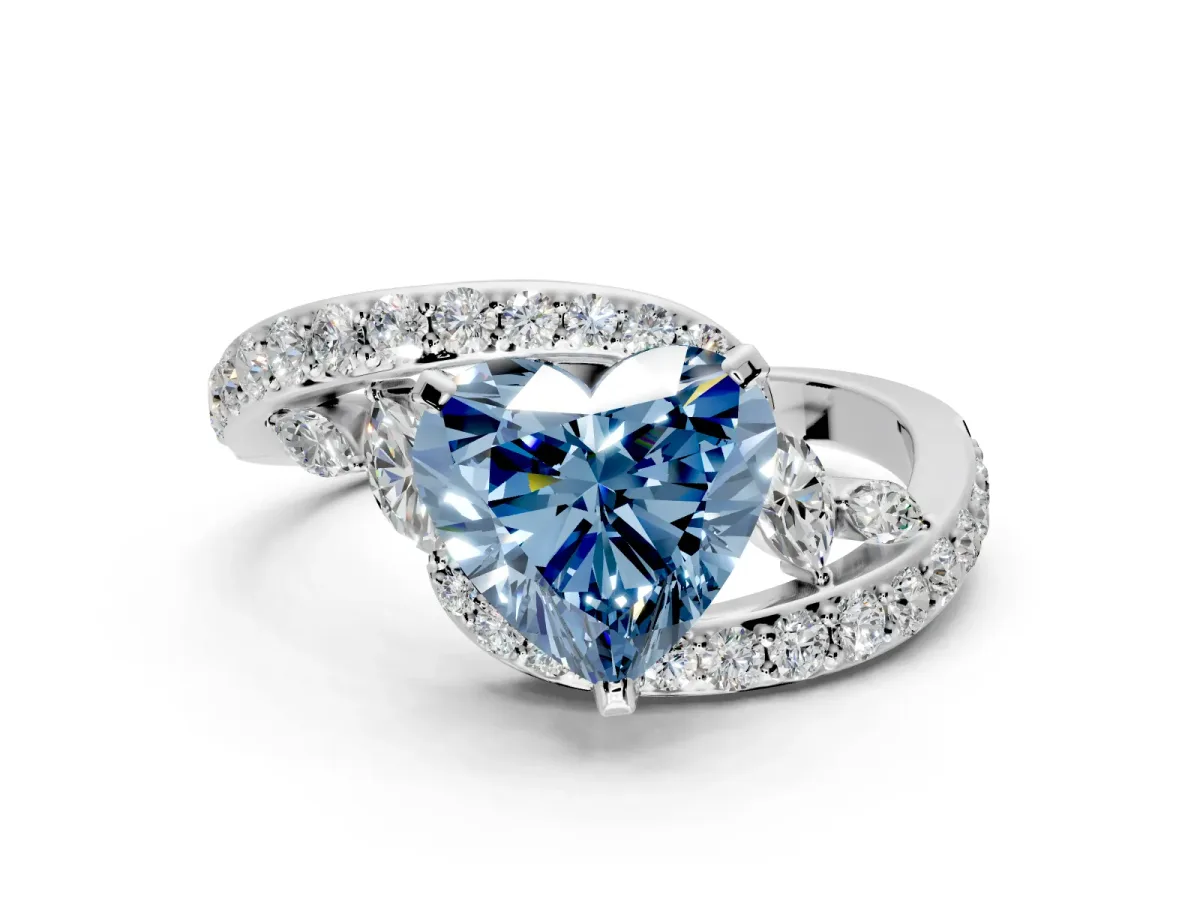 Solitaire Engagement Ring Setting for Fancy Blue Heart-Shaped Center with Pave Bypass Twist Band and Prong Head in Platinum