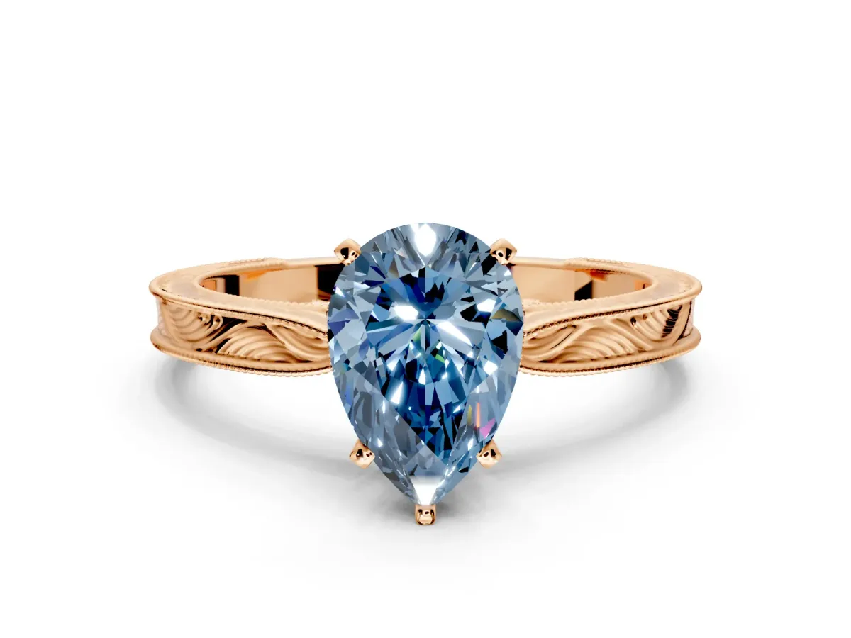 Solitaire Engagement Ring Setting for Fancy Blue Pear-Shaped Center with Engraved Milgrain Band and Prong Head in Rose Gold