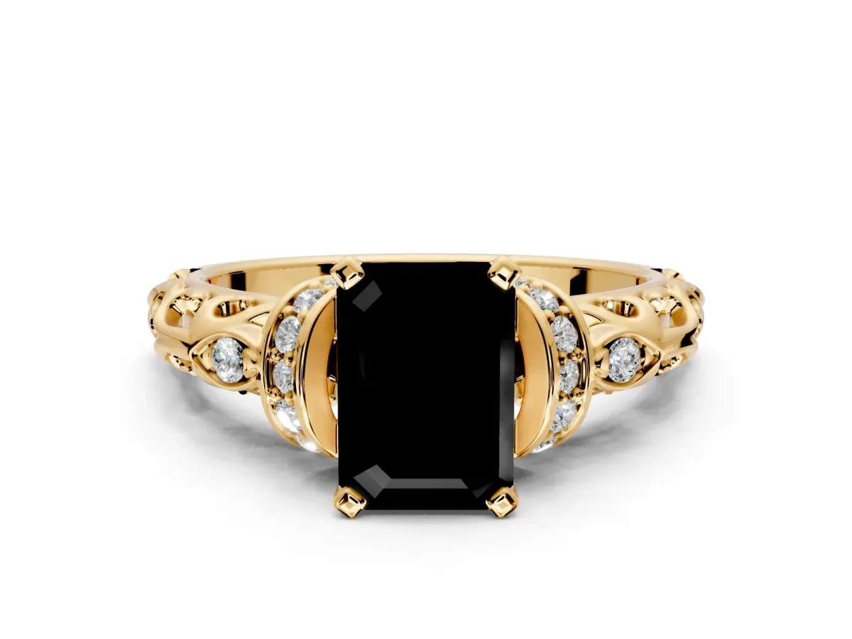 Solitaire Engagement Ring Setting for Fancy Black Emerald Cut Center with Filigree Band and Prong Head in Yellow Gold