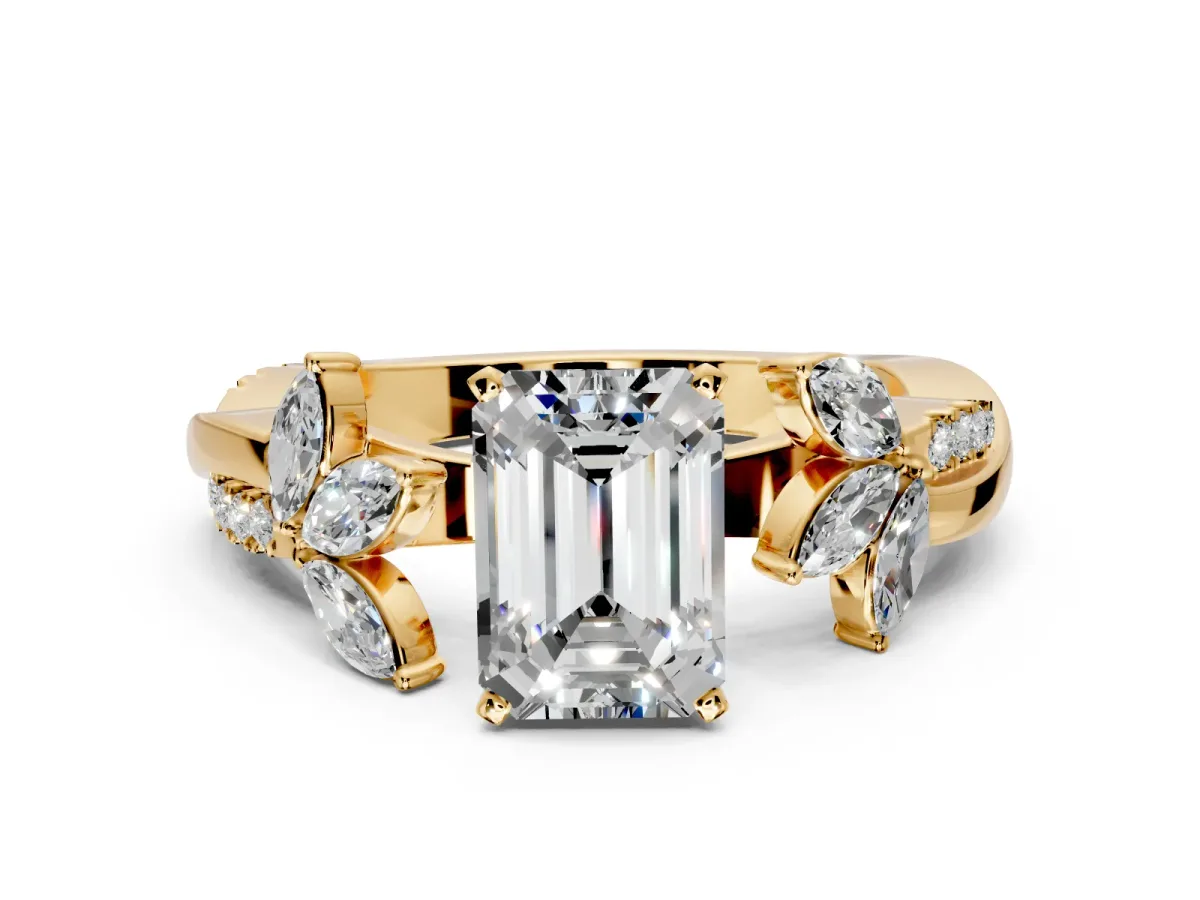 Floral Engagement Ring Setting for Emerald Cut Center with Trailing Marquise Accents and Prong Head in Yellow Gold